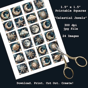 1,5 pouce, carrés, feuille de collage, céleste, lune, soleil, étoiles, fées, numérique, journaux indésirables, bijoux, nuages, ornements, téléchargements numériques