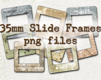 Può includere: Sei cornici per diapositive da 35 mm in stile vintage con diversi sfondi testurizzati. Le cornici sono in varie tonalità di marrone, beige e blu. Il testo "35mm Slide Frames png files" è stampato in lettere marroni sulle cornici.