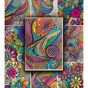 May include: A collection of colorful, abstract art pieces. The artwork features intricate patterns, including birds and floral designs, in a vibrant palette of blues, greens, oranges, and purples. The pieces are arranged in a grid, showcasing the variety of styles.