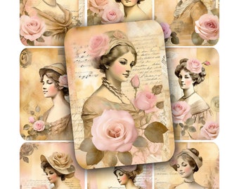 Pink Roses Lady Ephemera: Folha de colagem para impressão (download digital)