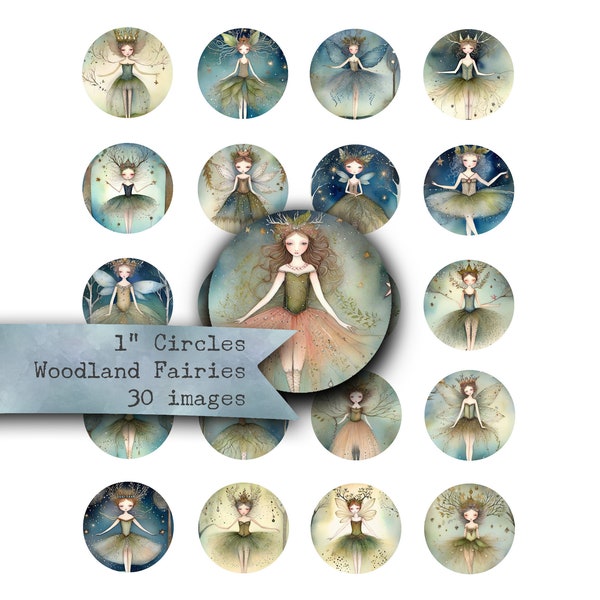 1 Inch, Collage Sheet, Circles, Round, Fairies, WOODLAND FAIRIES,  Digital Sheet, Pendants, Needlework, Beading, Bezels, Fantasy, Printable