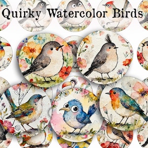 Quirky Bird Printable Images – 1 Inch & 1.5 Inch Circle Collage Sheet