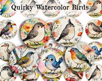 Imágenes imprimibles de pájaros peculiares: hojas de collage circulares de 2,5 y 3,8 cm