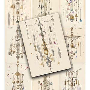 Windchimes Collage Cards: Hand-Drawn Style, Junk Journaling (Digital Download)
