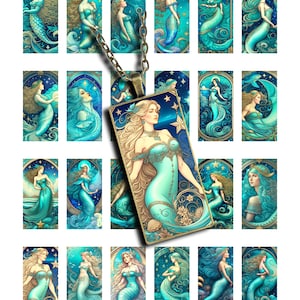 Images imprimables 2,5 cm x 5 cm, pendentifs dominos, sirènes, art côtier, feuille de collage, feuille de collage, réglages du cadre photo