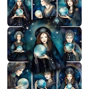 Collageblad, digitaal, FORTUNE TELLER, kristallen bol, versieringen, tags, ongewenste tijdschriften, aquarel, afdrukbaar papier, Instant Download