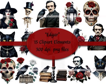 May include: A collection of 15 digital clipart elements with a gothic theme. The images include a witch, skeleton, Edgar Allan Poe, raven, black cat, skull, roses, and a lantern. The text in the image says "Edgar" and "300 dpi png files."