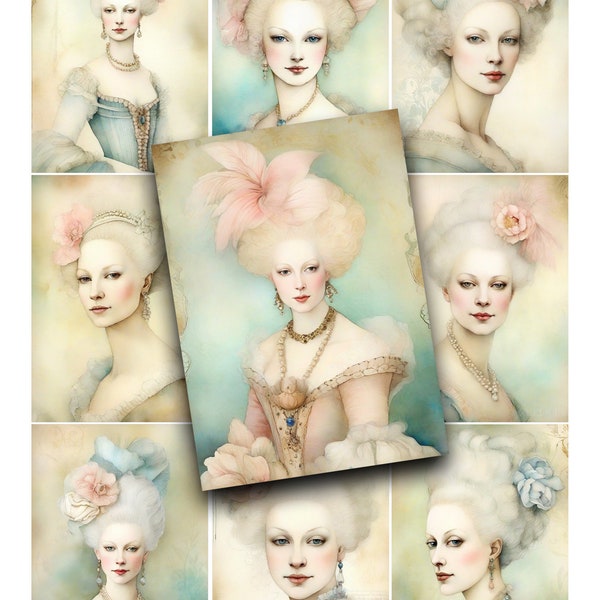 Collage Sheet, Digital, Marie Antoinette, Parisian, French, Embellishments, Tags, Junk Journals, Watercolor, Printable Paper, Marie, Cards