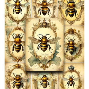 Coroas, abelhas, zangões, papel para impressão, ATC, cartões de registro no diário, scrapbooking, ACEO, papel digital, uso comercial, coisas efêmeras digitais