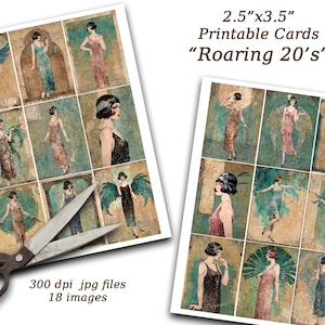 Folha de colagem, melindrosas, anos 20, ATC, cartões, cartas de bolso, diários indesejados, etiquetas, década de 1920, surrado, para impressão, digital, moda dos anos 20