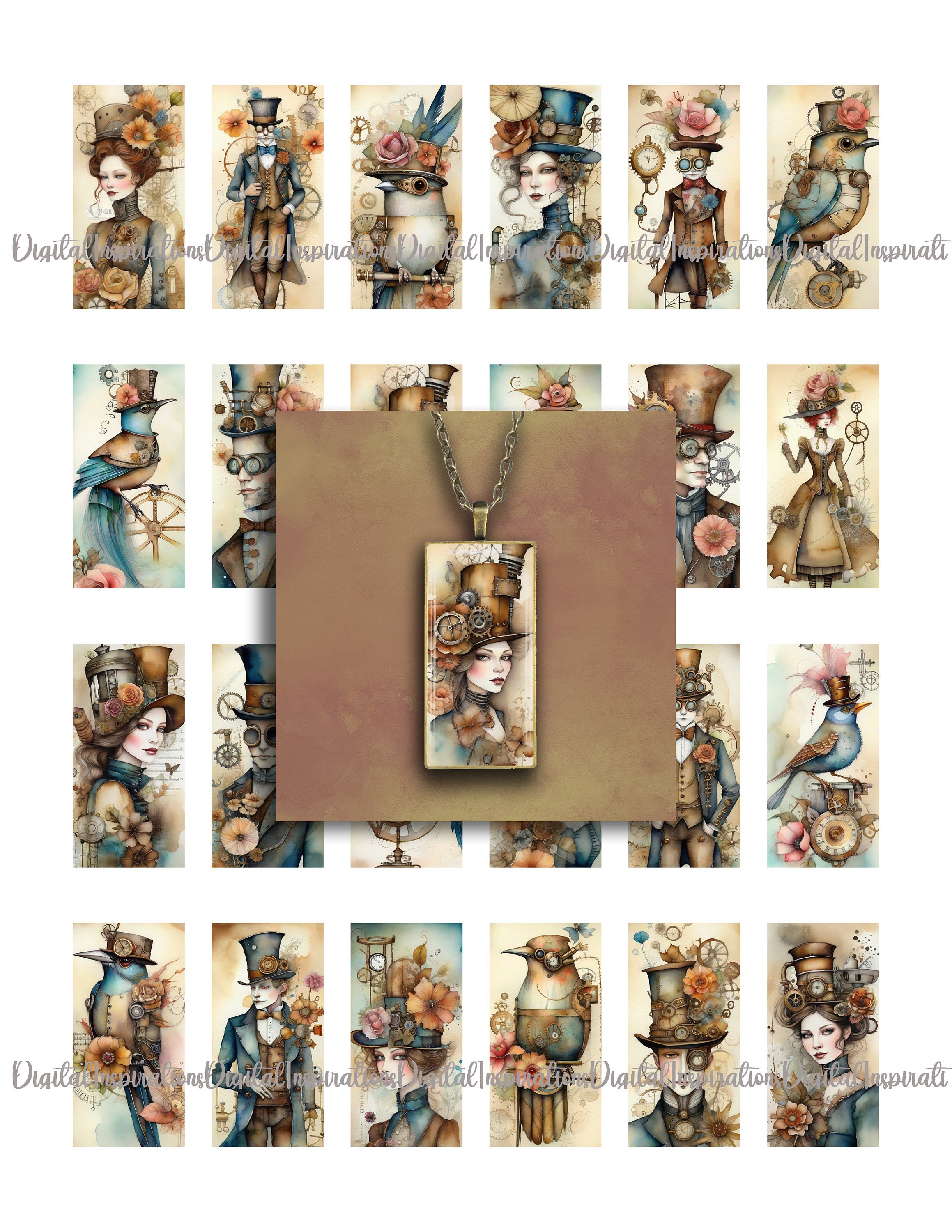 Steampunk Bird Collage Sheet: 1x2 Pendants, Journal Embellishments (Digital Download)