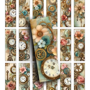 May include: A set of 16 digital printable bookmarks featuring a vintage steampunk theme with intricate clockwork designs, gears, flowers, and keys. The bookmarks are in shades of gold, blue, and pink.