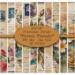 Druckbare Streifen, Washi, digitale Streifen, bedruckbares Washi, POSTAL FLORAL, Blumen, Post, Streifen, Washi Tape, Junk-Journal-Versorgung, Clipart
