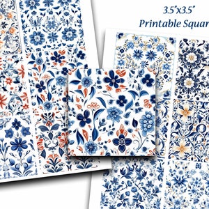 Blue & White Floral Collage Sheet: 3.5&quot; Printable Squares (Digital Download)