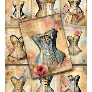 Corsets, feuille de collage, cartes imprimables, cartes de journalisation, ATC, ACEO, téléchargements numériques, documents éphémères français, éphémères, parisien, clipart