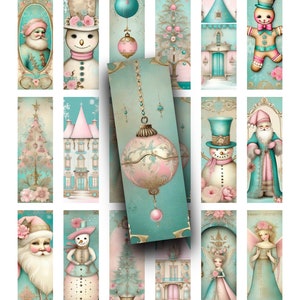 May include: A set of 12 digital printable Christmas scrapbook paper featuring a whimsical winter theme with images of snowmen, Santa Claus, gingerbread men, angels, and Christmas trees. The paper is in a teal and pink color scheme.