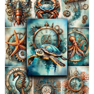 Steampunk, Fundo do Mar, Cavalos Marinhos, Diário Efêmero, Junk Journal, Folha de Colagem, Folha Digital, Cartas de Bolso, Papel para Impressão, ATC