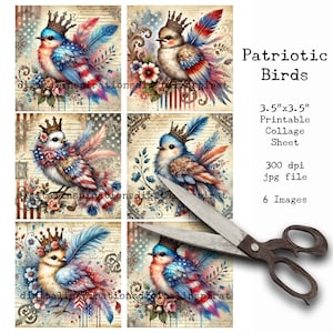Quadrados, Patriótico, 4 de julho, Pássaros, Folha de colagem, Decupagem, Coisas efêmeras para impressão, Diários indesejados, Cartas de bolso, Adesivos, Álbum de recortes
