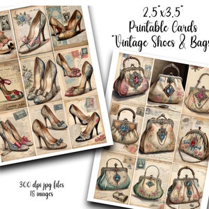 Hoja de collage, ATC, ACEO, zapatos, bolsos, vintage, moda, carta de bolsillo, diarios basura, material efímero imprimible, material efímero, descarga digital, arte