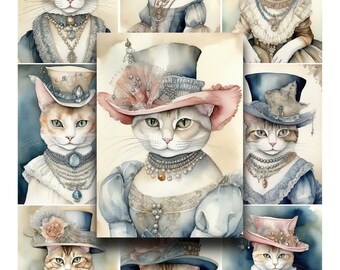 Victorian Cats Collage Sheet: Feline Ephemera, Scrapbooking Paper (Digital Sheet)
