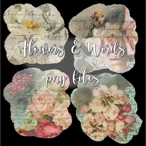 Fleurs et mots vintage, png, fond transparent, feuilles de collage numérique, téléchargement imprimable, floral, botanique, aquarelle, chutes