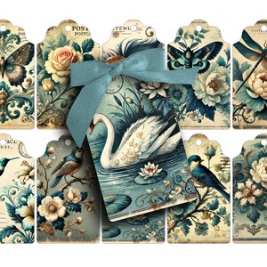 Tags, Vintage Style, Vögel, Blau, Blumen, Floral, druckbare Tags, Junk Journals, Scrapbooking, Blaue Ephemera, druckbare Ephemera, Post