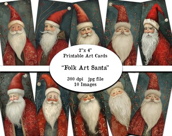 Druckbare Volkskunst Weihnachtsmann - 10 große 2x4 Weihnachtskunstkarten - rustikaler Stil