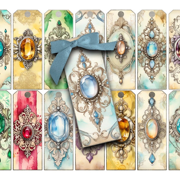 Narrow Tags, Jewels, Gemstones, Victorian, Shabby, Collage Sheet, Digital, Tags, Junk Journals, Scrapbooking, Mixed Media, Brooches, Jewelry