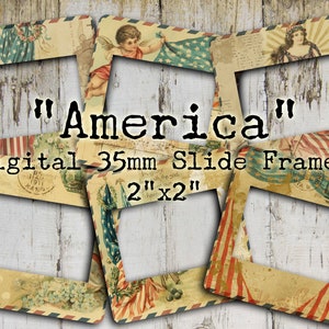 May include: Four digital 35mm slide frames with an American patriotic theme. Each frame is 2 inches by 2 inches and features images of the American flag, a bald eagle, and a woman holding a flag. The text "America" is written in large letters above the frames.
