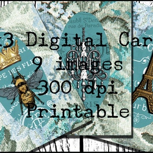 Juego de 9 tarjetas ATC ACEO para diarios digitales, 2,5 x 3,5 pulgadas, descargables, para álbumes de recortes, atemporales, vintage, Clock Bees, Paris Blue Keys