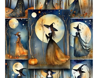 Watercolor Witch Clipart: Halloween Junk Journal Graphics (Digital Paper)