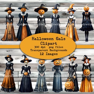 May include: Twelve digital illustrations of Halloween gals with pumpkin heads. The gals are wearing black and orange dresses and witch hats. The images are 300 dpi png files with transparent backgrounds.