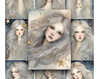 May include: A collage of nine watercolor paintings featuring a woman with long, flowing white hair and a crown of gold stars. The background is a dark blue with white stars.
