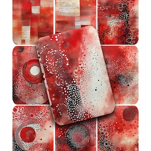 Collage Sheet, Digital, Bildhintergrund, Rot, Schwarz, Weiß, Verzierungen, Tags, Junk Journals, Aquarell, bedruckbares Papier, ATC, ACEO, Rot