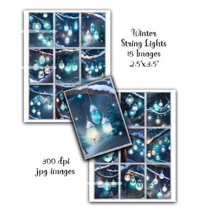 May include: A digital collage of 18 images featuring blue and white string lights hanging from bare branches against a dark blue background. The text "Winter String Lights 18 Images 2.5"x3.5"" is in the upper right corner.