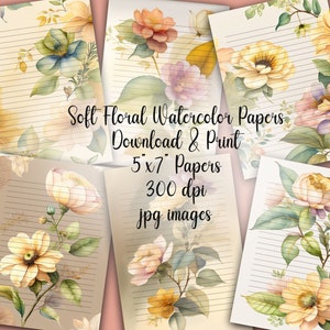 Pagine di diario digitale stampabili Soft Watercolor Florals Carte antiche 5x7 300 dpi File jpg scaricabili Fiori Carta a righe botanica