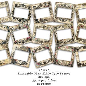 May include: A collection of fifteen vintage-style printable 35mm slide type frames. Each frame is 2" x 2" and features ornate floral and scrollwork designs in beige, brown, and cream tones. The text on the image reads "Printable 35mm Slide Type Frames".