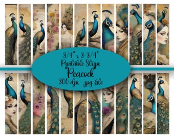 Peacocks, Strips, Watercolor, Printable Strips, Washi, Digital Strips, Printable Washi Tape, Strips, Washi Tape, Junk Journal Supply, Pocket