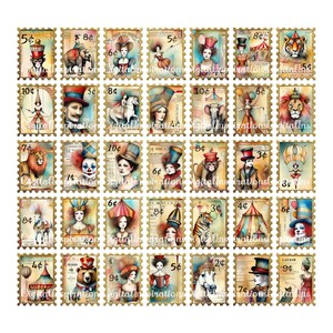 Imágenes de sellos postales falsos de circo antiguo, diarios, álbumes de recortes, imágenes prediseñadas antiguas, diarios basura, elefantes, leones, tigres, carpas