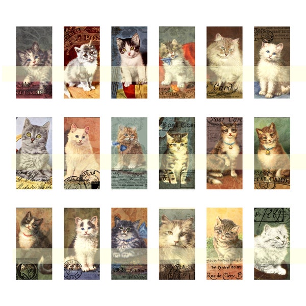 1x2 Cats and Postal Collage Sheet Domino Images Printable Instant Download Kittens Digital Download Cat Images Jewelry Making Bezels