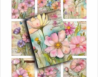 Watercolor Floral Journal Cards: Printable Pink Flower Graphics (Digital)