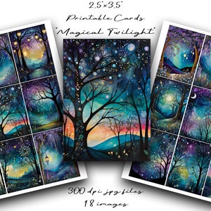 Magical Twilight, Tła, 2.5x3.5, Karty artystyczne, ATC, Karty, Junk Journals, Tagi, Do druku, Cyfrowe, Listy kieszonkowe, Arkusz kolażu