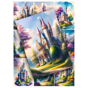 水彩画のおとぎ話の城 ATC コラージュ用背景 タグ ジュエリー 2.5x3.5 インチ 印刷可能 即時ダウンロード クリップ アート ファンタジー 城