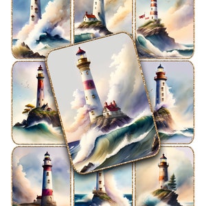 May include: Nine watercolor paintings of lighthouses on rocky islands in the ocean. Each lighthouse is white with red and black stripes and a white roof. The ocean is blue with white waves crashing against the rocks. The sky is blue with white clouds.