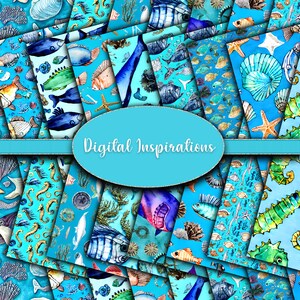 Sea Life Scrapbook Paper: Ocean Animals, Fish, Shells (Digital Download)