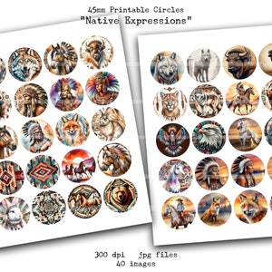 May include: 40 printable 1.75 inch diameter circles featuring Native American inspired designs. The designs include animals, geometric patterns, and traditional headdresses. The circles are perfect for crafts, scrapbooking, and other creative projects.
