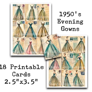MODA LAT 50., ATC, Karty, 2,5x3,5, Junk Journals, Ozdoby, Tagi, Clipart, Retro, Suknie wieczorowe, Do druku, Cyfrowe, Pobierz
