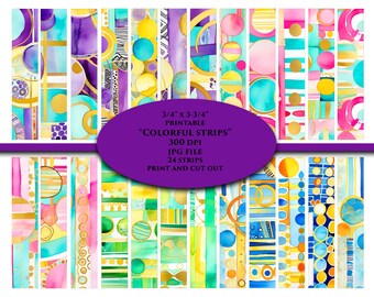 Colorful, Watercolor, Printable Strips, Washi, Digital Strips, Printable Washi Tape, Strips, Washi Tape, Junk Journal Supplies, Short Strips