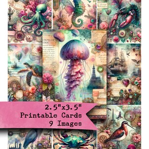 Folha de colagem, digital, vida marinha, oceano, mar, fantasia, etiquetas, diários de lixo, efêmeras, papel para impressão, encartes de bolso, cartas de bolso, ATC