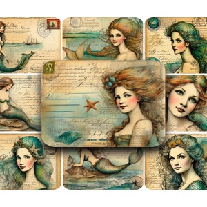 SIRÈNES, cartes postales, imprimables, numériques, vintage, ATC, ACEO, clipart océan, éphémères, carte postale vintage, victorienne, journaux indésirables, kit digi